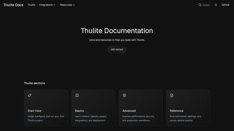 Screenshot of the docs.thulite.io documentation website homepage