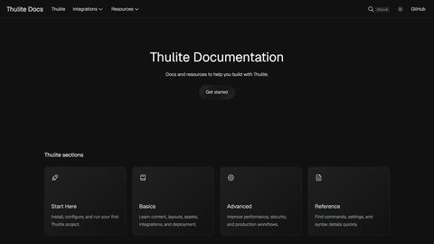 Screenshot of the docs.thulite.io documentation website homepage